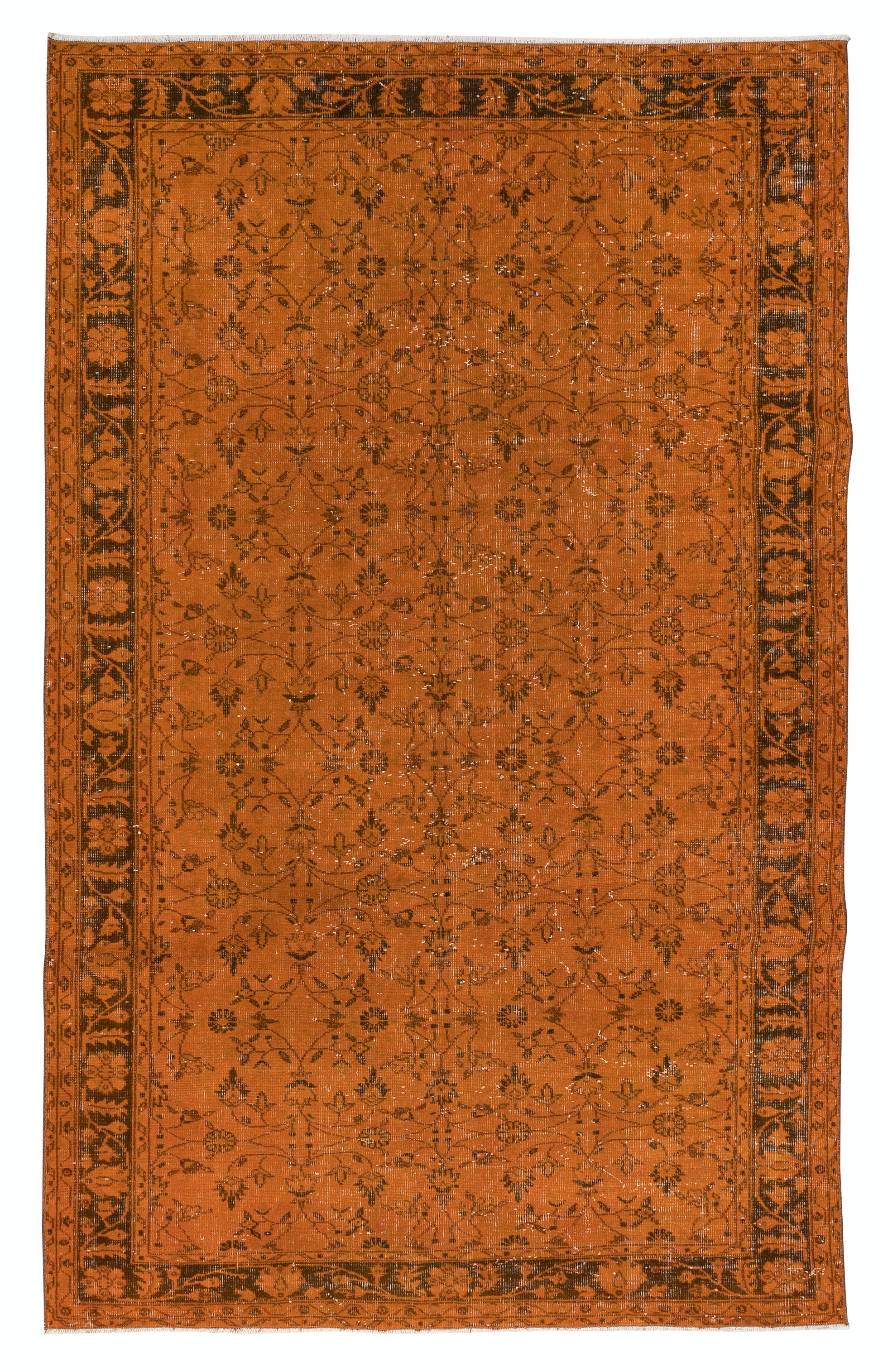 Orange Handmade Turkish Rug with All-Over Botanical Design